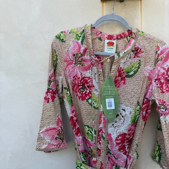 NWT Farm Rio Linen Midi Dress Woven Beige Floral Neck Tie Jute Accent Ruffles - Picture 5 of 9